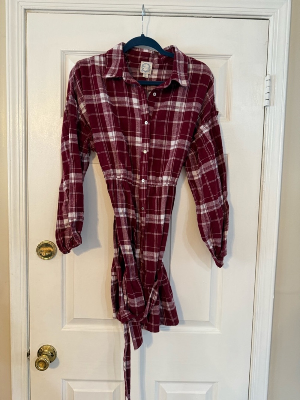 Blue Rain Burgundy and White Plaid Button-Up Shirt Dress